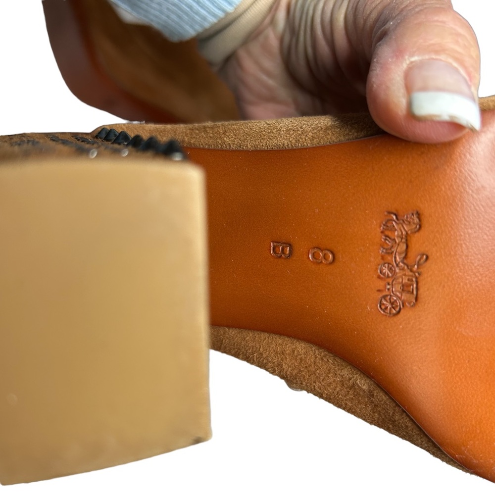 Coach Brown Suede Studded Block Heel Sandal - Picture 10 of 14